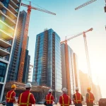 Real estate construction company engaged in high-rise building project, showcasing collaboration and innovation.
