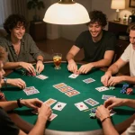 Sahabat yang terlibat bermain poker online saat malam permainan di rumah yang nyaman.