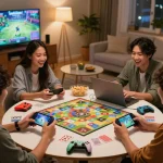 Friends enjoying NSFW games on devices while sharing snacks and laughter in a lively home atmosphere.