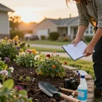 Pest control tips: Homeowner inspecting garden for pests with tools.