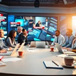 Engaged journalists cover breaking news in a vibrant newsroom environment.
