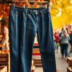 Shop stylish jeans under 200 featured on a market stall surrounded by lively shoppers.