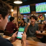 Engaged bettor using kèo nhà cái app in a lively sports bar, excitement evident as they place bets.