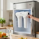 Waterdrop Alkaline LT1000PC ADQ747935 Replacement for LG® LT1000P®/PC/PCS ThinQ® Refrigerator Water Filter installation in a modern kitchen with fresh produce.