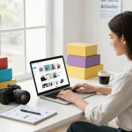Buy PLR Products Online in a modern e-commerce workspace with a professional woman browsing digital product options on her laptop.