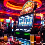 Slot77 mesin slot yang cerah dan berwarna-warni di kasino yang ramai.
