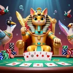 Pakde4D features dynamic casino action with a charming Egyptian cat, vibrant poker elements, and engaging game scenarios.