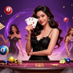 Engage in dynamic 1v1 chat amidst vibrant casino atmosphere with colorful lottery elements.