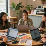 Community discussion at a café promoting local businesses through https://forumup.org/shop/search.php?ca_id=&addr1=&addr2=&addr3=&schKeyword= with individuals sharing insights and tips.