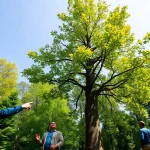 Expert team performing tree consultancy to assess the health of trees in a vibrant forest setting.