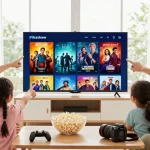 Pikashow streaming content in a cozy living room with family enjoying movies.