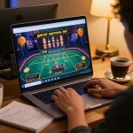Engaged player focused on slot gacor sore ini through a dynamic online gaming setup, showcasing thrilling gameplay.