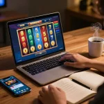 Engaging in a slot online game on a laptop while surrounded by bankroll management notes and a smartphone app.