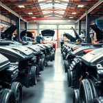 Browse a selection of used engines in a professional garage environment, showcasing quality options.