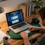 Players enjoying strategic online poker on 888top in a cozy home setting with warm lighting