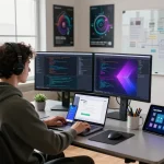 OpenClaw AI workspace with developer coding on dual monitors, showcasing innovative tools and a modern office setting.