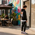 Fashionable individual exploring 레플리카 streetwear in a vibrant urban shop setting