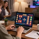 Engaged player using zx88 for online casino gaming, showcasing poker game on laptop.