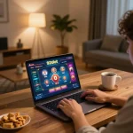 Engaging in strategic gameplay on 92slot with vibrant online gaming interface and cozy home setting