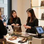 High-quality 레플리카 products showcased in an upscale boutique with engaged customers.
