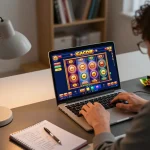 Engaging moment of gameplay while enjoying slot gacor on a laptop in a cozy home office
