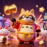 Spin the reels of UFABET with lively characters celebrating wins in a vibrant casino scene.