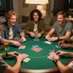 Friends play poker, engaging in friendly betting with slot bet kecil strategy during a lively night.