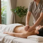 Relaxing 1인샵 spa scene with massage therapist and serene atmosphere.