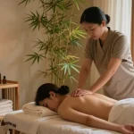 Massage therapy session in a serene wellness studio promoting relaxation and rejuvenation.