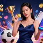 Bet on soi kèo bóng đá with a confident Asian woman showcasing a casino app and golden chip amidst dynamic gaming elements.