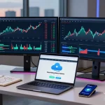 Cloud mining without hardware scene featuring cryptocurrency trading setup with DeFi analysis on monitors and digital wallet interface.