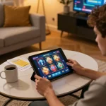 Player exploring link slot options on a tablet at home, creating a comfortable gaming environment.