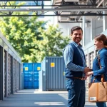 View of self storage units with a helpful employee and organized containers.