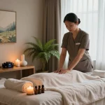 Relaxing massage therapy room showcasing a 1인샵 setting with warm lighting and soothing decor.