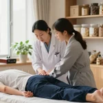 Patient receiving treatment at 수원교통사고한의원 by a professional hanbang doctor in a calm healing environment.
