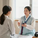 Consultation at 영통한의원, showcasing a practitioner discussing health plans in a serene setting.