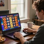 Engaging in slot online gameplay on a laptop, vibrant slot reels displayed on screen.