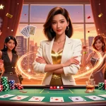 Experience the excitement at 789BET CASINO with a powerful business-woman holding a golden deck of cards in a dynamic casino scene.