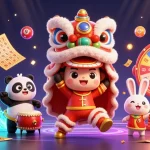 Engage in thrilling games at 566, featuring dynamic scenarios of lion dancers and lottery elements.