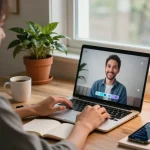 Engaging with crush on ai in a cozy home office setting, highlighting emotional connection and technology.