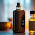 Vaping device and nic salt e-liquid in a cozy setting showcasing vibrant colors.