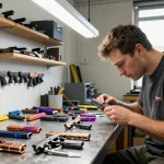 Expert gunsmith customizing Glock slides at https://precisionglockslides.com with precision tools, showcasing creativity and craftsmanship.