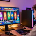 Excited gamer enjoying online slot games at a vibrant gaming desk.