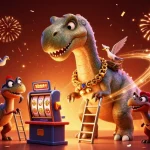 Experience thrilling slots with a playful brontosaurus and clever raptor in a vibrant casino scene.