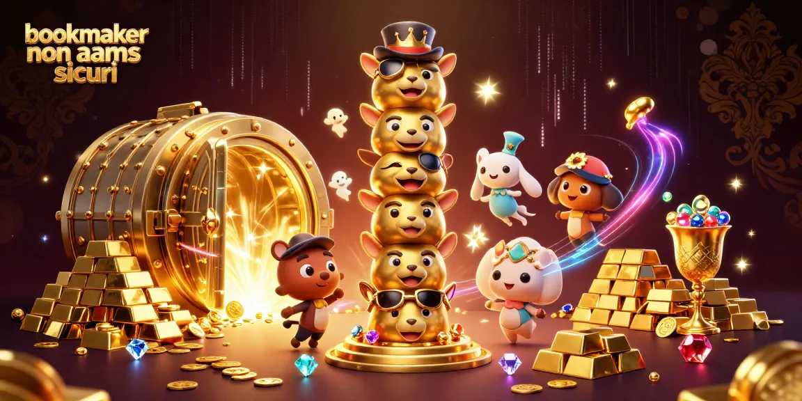 Scopri i bookmaker non AAMS sicuri con il totem dorato e tesori scintillanti in un'illustrazione casinò accattivante.