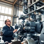 Engineer evaluating fluid power systems with hydraulic pumps and tools in an industrial setting.