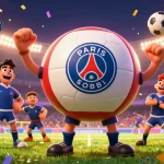 Placer des paris sportifs rugby avec une mascotte d'équipe dynamique sous une pluie de confettis.