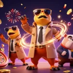 Experience the excitement of nhà cái 98win with raptors and a bulldog in a lively casino scene.