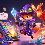 Jouez sur le site de blackjack en ligne avec un renard magique et un phénix dans un monde de cartes et de jetons.
