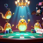 Engage with Situs toto through a vibrant poker scene illuminated by glowworms in a casino cave.